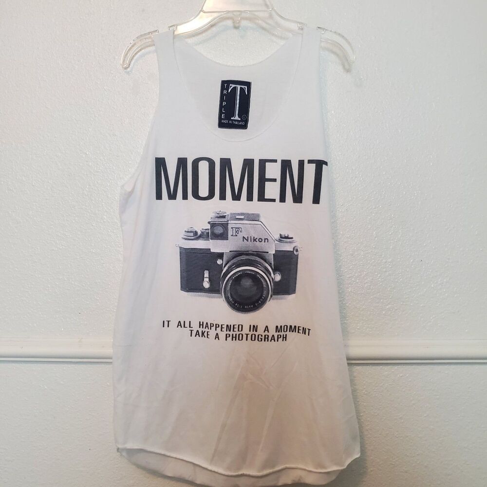Triple T‎ Nikon Camera Tank Top Size L White Black Vintage Look